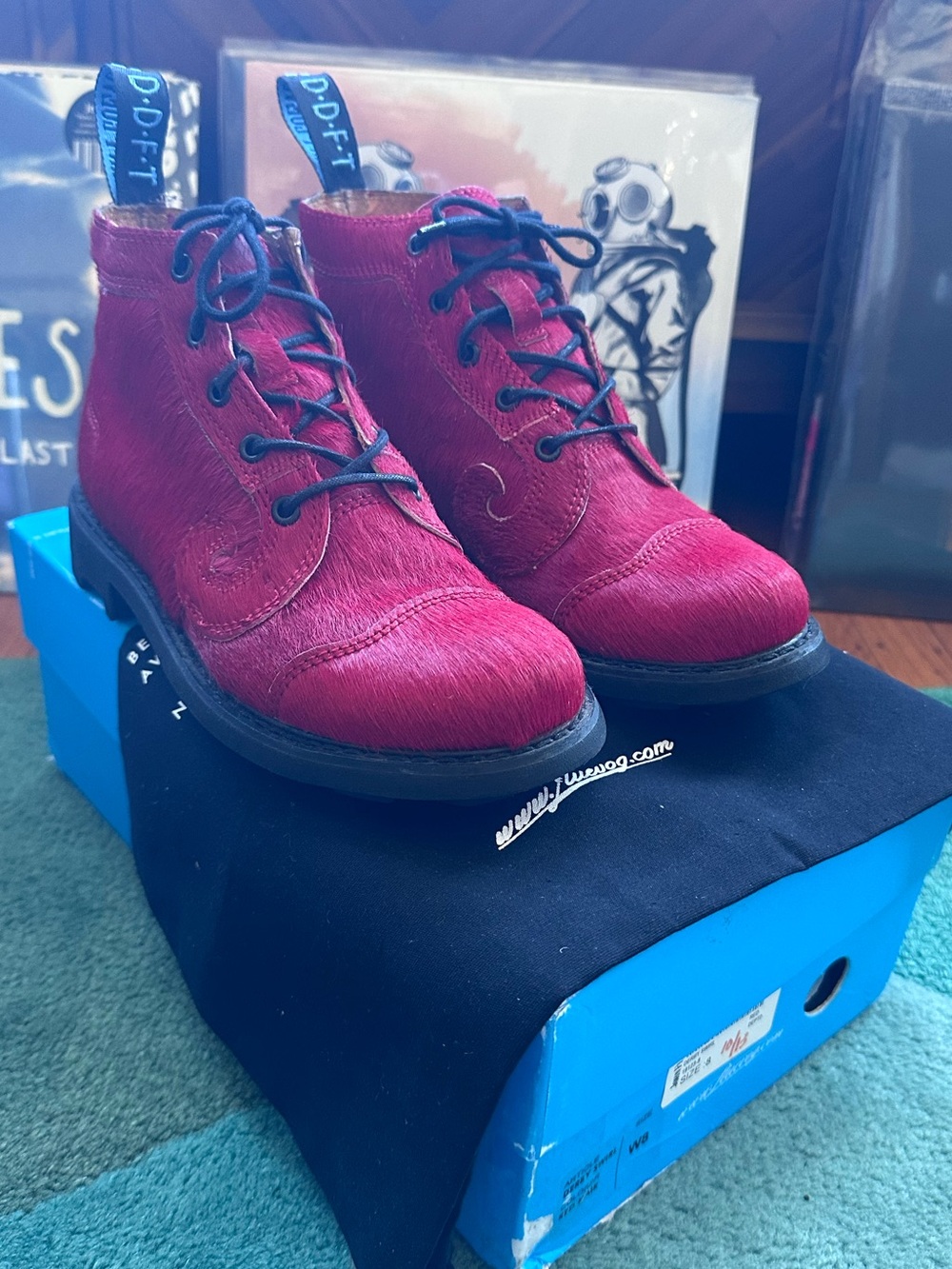 Fluevog NEARLY NEW 7th Heaven 5-Eye Derby Swirl red pony hair boots-W8 (fit 7.5)